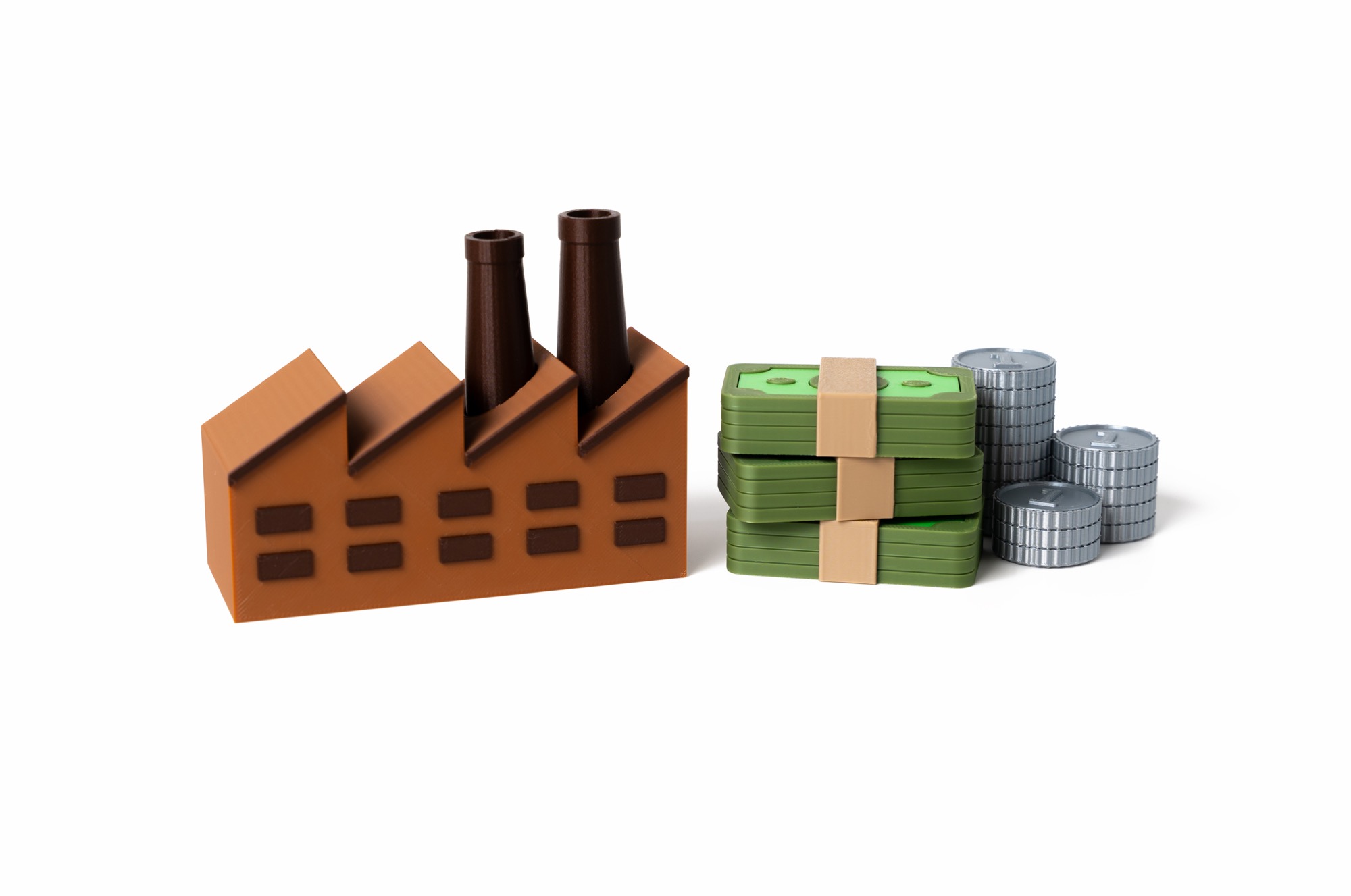 A stylized 3D factory model next to stacks of money, representing industry and financial materiality